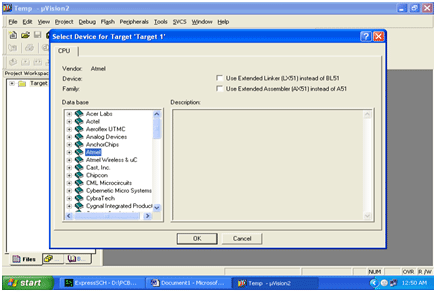 Screenshot of selecting microcontroller family on Keil IDE