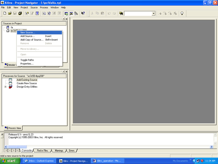 Screenshot of selecting New Source in Xilinx Screenshot of selecting New Source in Xilinx