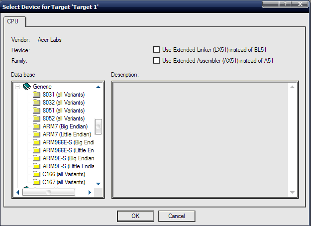 Screenshot of selecting target device on Keil IDE