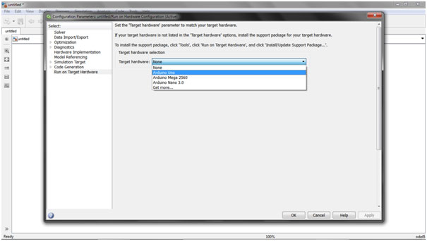 Screenshot of selecting Target Hardware on Simulink