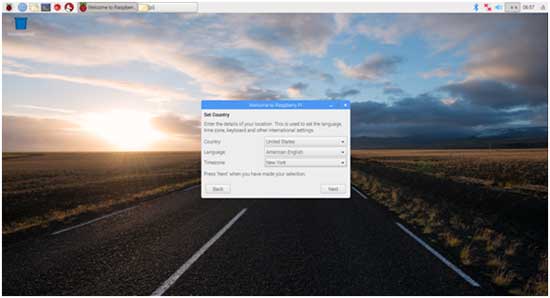 Screenshot of setting Language, Country and Time zone in Raspbian Welcome Window Screenshot of setting Language, Country and Time zone in Raspbian Welcome Window