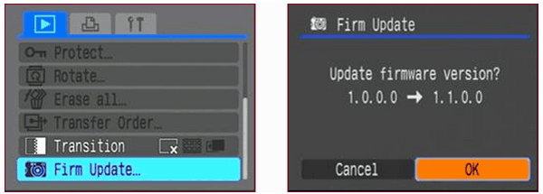 Screenshot of settings on a Canon Camera for Firmware Update