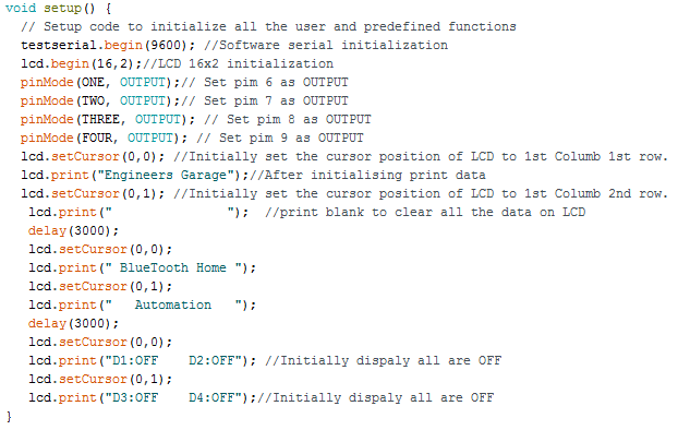 Screenshot of Setup Function in Arduino Code for Home Automation System