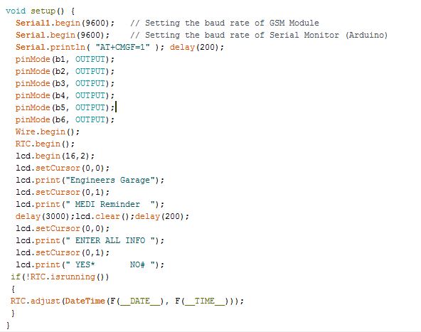 Screenshot of Setup Function in Arduino Code for Medicine SMS Reminder System