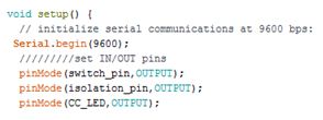 Screenshot of Setup Function in Arduino Code for Switching Mechanism of Linear Regulator