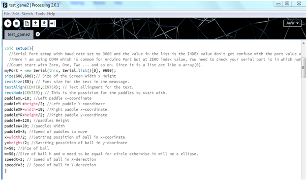 Screenshot of Setup Function in Processing Language Code for Arduino based Ping Pong Game