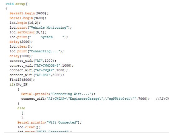 Screenshot of Setup Function from Arduino code used in IoT Vehicle Tracking Device Screenshot of Setup Function from Arduino code used in IoT Vehicle Tracking Device