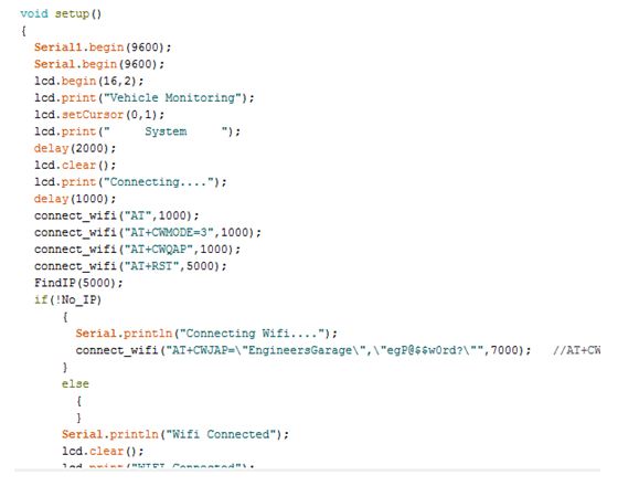 Screenshot of Setup Function from Arduino code used in IoT Vehicle Tracking Device