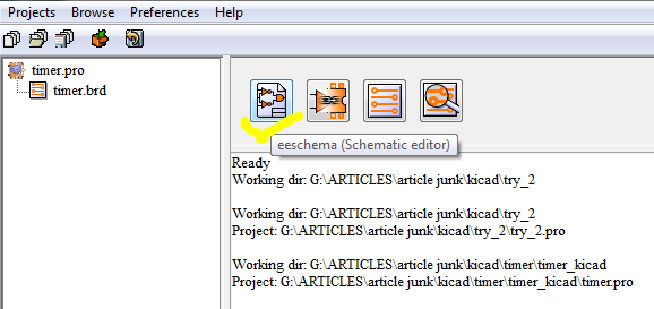 Screenshot showing eeschema icon in KIcad