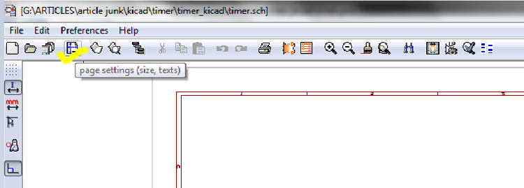 Screenshot showing page setting icon in schematic editor window in KIcad