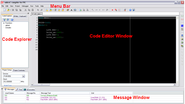 Screenshot showing parts of main window of MikroC IDE Screenshot showing parts of main window of MikroC IDE