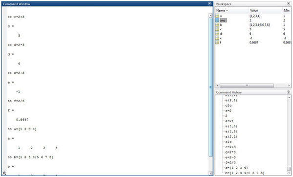 Screenshot showing a simple Matlab Program running on Command Window