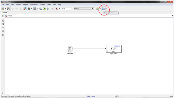 Screenshot of Simulink showing 'Deploy to Hardware' button