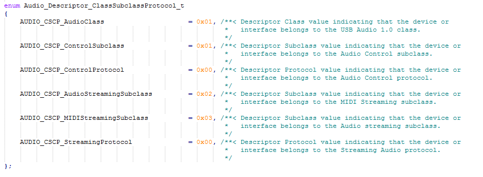 Screenshot of sub class protocols for the MIDI Class device