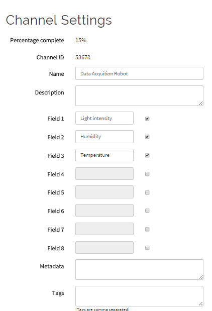 Screenshot of Thingspeak website showing addition of Light Intensity,Temperature and Humidity Fields in created channel for dis