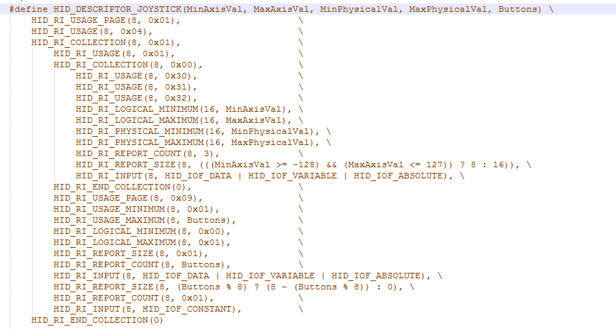 Screenshot of usage report descriptor from HID_DESCRIPTOR_JOYSTICK Function