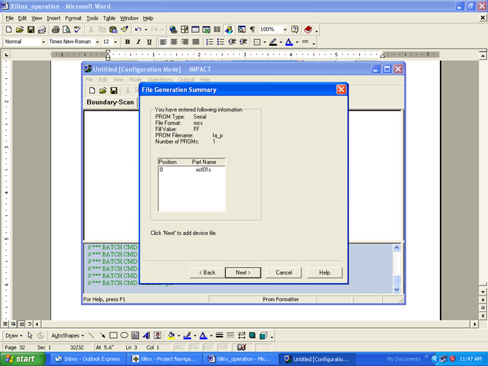 Screenshot of xcf file generation summary in Xilinx