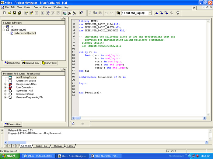 Screenshot of Xilinx IDE after creating New Source Screenshot of Xilinx IDE after creating New Source