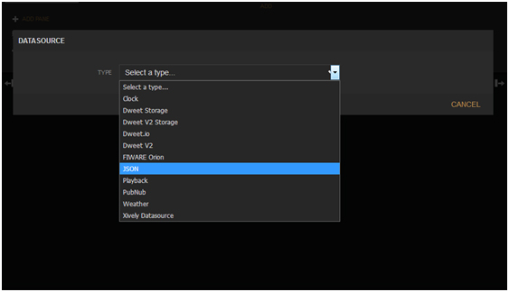 Screenshot of making Data Source Selection on Freeboard API