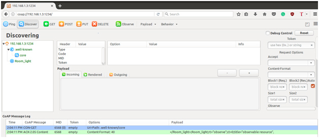 Screenshot showing Discovering Services on Copper (Cu) CoAP Agent Screenshot showing Discovering Services on Copper (Cu) CoAP Agent