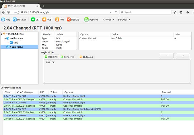 Screenshot showing Service Acknowledgement on Copper (Cu) CoAP Agent Screenshot showing Service Acknowledgement on Copper (Cu) CoAP Agent