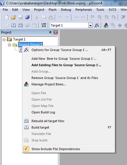 Selecting Exsisting File Blink from Source Group Window in KEIL to program LPC1768