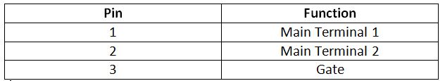 Table listing pin configuration of TRIAC