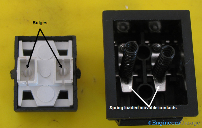 (a) Base of Actuator---Inside View. (b) Spring Loaded Metal Contacts