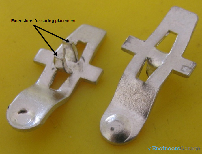 (a) Top View of Moveable Metal Contact that has Extension to Hold Spring. (b) Bottom View of Movable Metal Contact