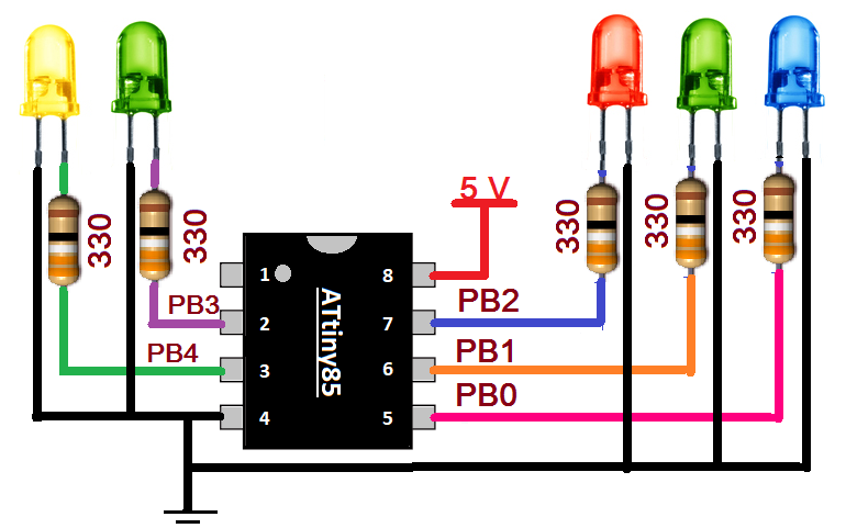 ATtiny85 microcontroller tutorials, Part 4: LED chaser using ATtiny85